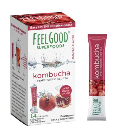 FeelGood Superfoods Kombucha Iced Tea Packets, Delicious Pomegranate Flavored Refreshing Instant Kombucha Powder Fizzy Drink, Probiotic Supplement for Gut Health, 14 pack Pomegranate - 14 packs