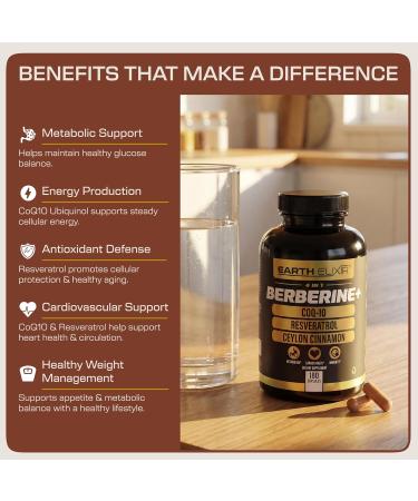 Earth Elixir 4-in-1 Berberine Supplement Organic Berberine with Ceylon Cinnamon CoQ10 Ubiquinol and Resveratrol Powder Metabolic & Cellular Energy Support 180 Vegan Capsules - Buy Online on GoSupps.com