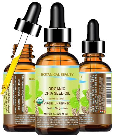 Botanical Beauty Organic CHIA SEED OIL 100% Pure Natural Virgin Unrefined Cold-Pressed Carrier Oil 0.5 Fl Oz 15 ml for Face Skin Body Hair Lip Nails. Rich in Vitamin E