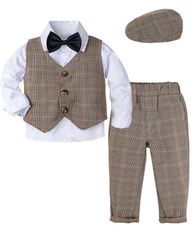 mintgreen Baby Boys Blazers Suit 5pcs Wedding Clothes Shirt + Trousers + Waistcoat + Bowtie + Cap Outfits 1-4 Years Khaki Plaid 3-4 Years