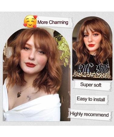 QYDEERY Auburn Brown Bob Wig with Bangs - 14 Inch Short Wavy Synthetic Heat Resistant Wig for Women | Shoulder Length Curly Bob Wig for Daily & Party Wear - Buy Online on GoSupps.com