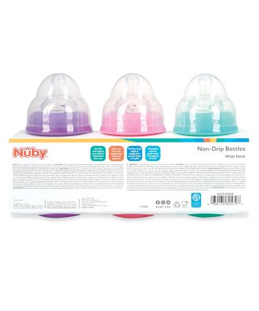 Nuby 3 Pack Non-Drip 8oz Wide Neck Bottles, Soft Silicone Nipples, BPA Free - Aqua/Pink/Purple - 0+ Months - Buy Online on GoSupps.com