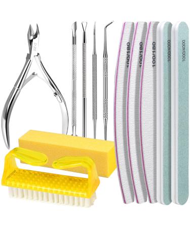 FANDAMEI 12pcs Nail Files Set with Cuticle Nipper Nail File and Buffer Set & Cuticle Pusher Nail Kit 100/180 Nail Buffer Block Nail Scraper Nail Brush Cuticle Remover Tool as Manicure Kit Yellow