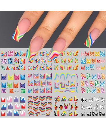 French Nail Art Stickers 12 Sheets Colorful Stripes Lines Irregular Geometric Water Transfer Nail Stickers French Abstract Nail Decals Watermark Nail Decals Design for Women Girls DIY Acrylic Nails A-2