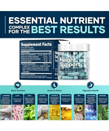 Height & Bone Support Supplement - Premium Height Growth Supplement for Kids & Teens with Calcium - Nutritional Support Bone Health Formula - Height Increase Essential Vitamins - 120 Caps 120 Count (Pack of 1) - Buy Online on GoSupps.com
