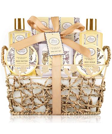 Bath & Shower Spa Gift Basket Set, with English Pear & Freesia Fragrance Bath Gift Basket for Women & Men Includes Body Lotion, Shower Gel, Bath Salts, Bubble Bath, Body Scrub and More, 9 Pcs