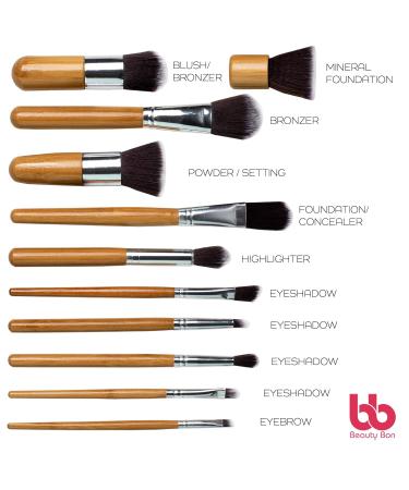 Professional Makeup Brush Set - 11 Beauty Brushes with Travel Bag & Wooden Handles | Beauty Bon Cosmetics - Buy Online on GoSupps.com