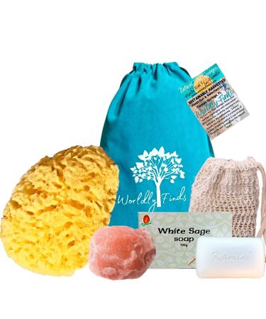 Sea Sponge 5  Natural Bath Sponge Set  Organic Natural Loofah Sponge - Sustainably Hand-Cut  Large Himalayan Salt Chunk  Soap Saver Bag w/Soap Bar  Zero Waste Gift Set (Natural Sponge - Sage)