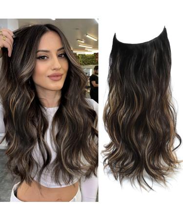 Secret Hair Extensions 20 Inch Synthetic Wavy Hair Pieces for Women Transparent Invisible Wire Hair Extensions (Natural Black to Caramel Blonde) 20 inch Natural Black to Caramel Blonde