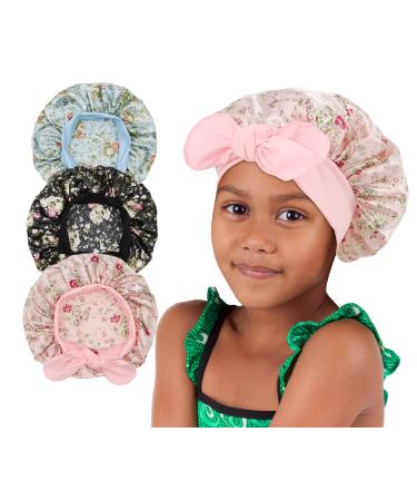3 Pieces Kids Satin Bonnet Silky Sleep Cap Wide Elastic Band Hair Bonnet for Girls Toddler Child Flowerblackpb