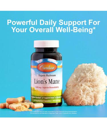 Carlson - Lion's Mane Organic Mushroom Cognitive Function Mood Health Digestive Support Non-GMO 60 Vegetarian Capsules 60 Count (Pack of 1) - Buy Online on GoSupps.com