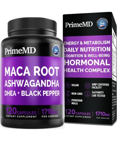 6-in-1 Organic Maca Root Ashwagandha Capsules 1710mg with DHEA and Black Pepper Fruit Extract for Women and Men - Black Maca Supplement for Stamina, Bone and Mood Support Supplement, 120 count Regular 120 Count (Pack of 1)