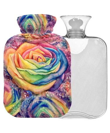 NAANLE hot water bottle with cover watercolor rainbow roses transparent hot water bottle 1 l hot water bottle for pain relief back hand feet heat and cold therapy