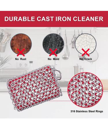 Cast Iron Cleaner Chainmail Scrubber with Silicone Insert - 316L Stainless Steel for Skillet, Dutch Oven - Kitchen Cleaning Accessory - Dishwasher Safe (Red) - Buy Online on GoSupps.com