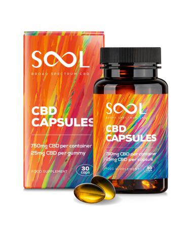 SOOL CBD Capsules 750mg 30pcs | 25mg CBD Per Gel Soft Capsule | Broad Spectrum CBD Oil Capsules | Blended with Hemp Oil | Relax - Recover - Revive