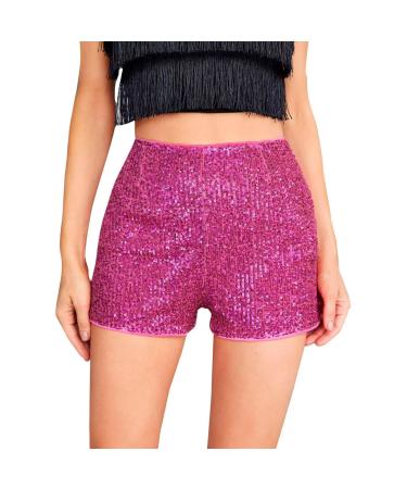 Duohropke women metallic hot pants sequins glitter shorts with high waist sexy short trousers shorts for dance sport disco costume carnival carnival m hot pink