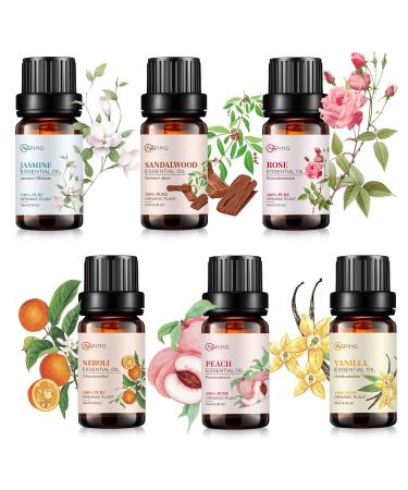 Essential Oil Set 6x10ML - 100% Pure Organic Plant Oil for Diffuser Massage Aroma Spa Yoga Perfume - Rose Jasmine Sandalwood Vanilla Neroli Peach SET-A 0.06 Fl Oz (Pack of 6)