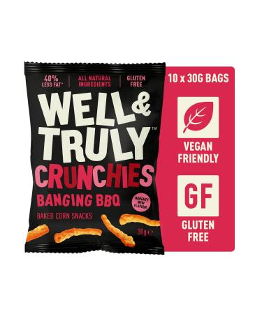 WELL&TRULY: Banging BBQ: Baked Corn Snacks - Gluten Free - Plant Based & Vegan - No Added Sugar - Less Fat - Healthy Snack - (Box of 10 Bags 30g Each)