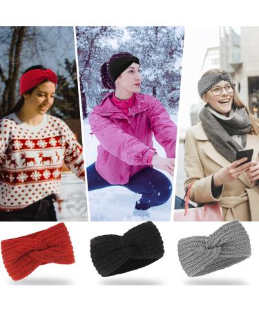 Powmag 3-Piece Knitted Headband Set for Women | Winter Hair Straps | Stylish Black Gray & Red Hair Bands - Buy Online on GoSupps.com