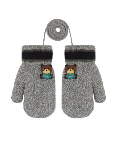 Girls Boys Cute Fox Knitting Short Full Finger Gloves Toddler Kids Winter Thermal Plush Lining Cycling Camping Gloves Mitten for 1-3 Yrs Bear/Grey