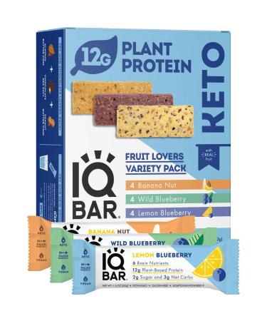 IQBAR Brain and Body Keto Protein Bars - Fruit Lovers Variety Keto Bars - 12-Count Energy Bars - Low Carb Protein Bars - High Fiber Vegan Bars and Low Sugar Meal Replacement Bars - Vegan Snacks 12 Count (Pack of 1)