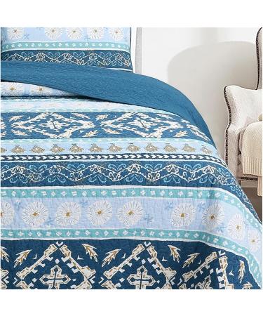 Bohemia Cotton Quilt Set 3PCS Quilted Double Blanket on Bed King Queen Size Bedspread on The Bed Coverlet Sets Soft (Blue King) - Buy Online on GoSupps.com