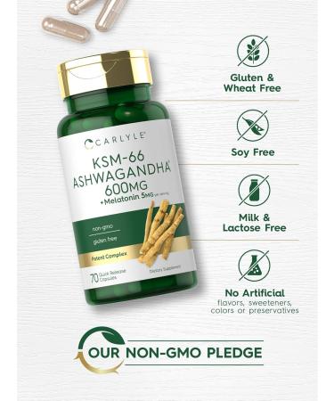 Carlyle KSM-66 Ashwagandha Capsules 600mg | 70 Count | with Melatonin 5mg | Potent Complex | Non-GMO Gluten Free - Buy Online on GoSupps.com