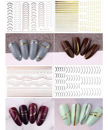 EBANKU 12 Sheets Gold Silver Metal Nail Stickers Metallic Curve Strip Line Nail Decal Self-Adhesive 3D Wave Design DIY Decoration for Women Girls - Buy Online on GoSupps.com