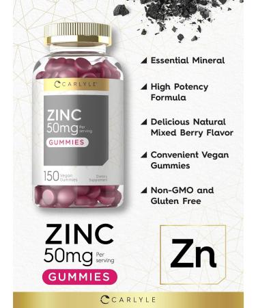 Carlyle Zinc 50mg Gummies | 150 Count | Vegan Non-GMO & Gluten Free | Zinc Citrate Dietary Supplement - Buy Online on GoSupps.com