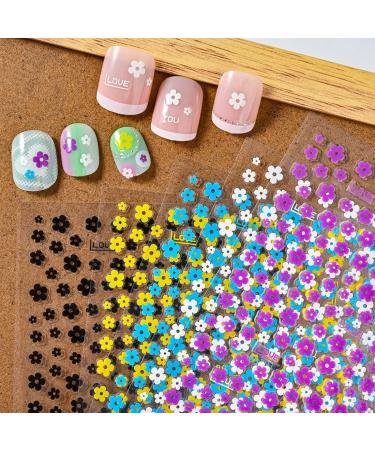 5 Sheets Flower Nail Art Stickers  3D Self-Adhesive Nail Art Decals  Five Petal Colorful Flower Pattern Designs Nail Stickers (Black/White/Yellow/Purple/Blue) for Female DIY Nail Decoration Supplies