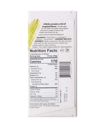Theo Chocolate Coconut Organic Dark Chocolate Bar - 70% Cacao, Vegan, Fair Trade (12 Pack) - Buy Online on GoSupps.com