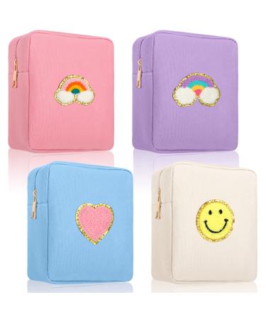 Spiareal 4 Pcs Preppy Cute Patch Makeup Bags Nylon Toiletry Cosmetic Travel Chenille Skincare Pouch for Women Girls Gifts Stuff Daily Use Storage Purse Organizer Bag, pink, blue, purple and beige