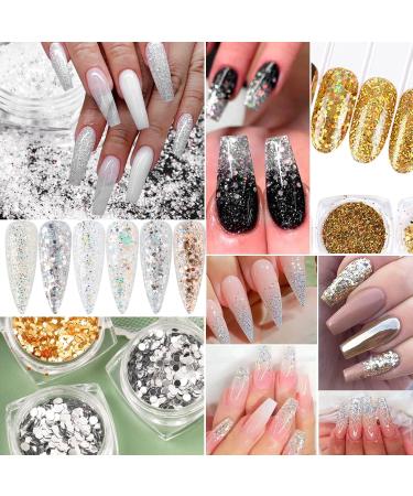 Shop Flofia 8 Boxes 3D Holographic Glitter Nail Decoration - Gold & Silver Rhinestone Art for Stunning Manicures - Buy Online on GoSupps.com