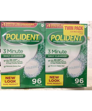 Improved Triple Mint Freshness - Polident Antibacterial 3 Minute Denture Cleanser 96 Tablets per Box (Pack of 2) 2pk -96 (Total 192 Tablets)
