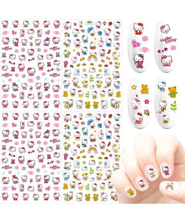 DIBESTS 4 Sheets Cute Cartoon Nail Art Stickers 3D Design Nail Decals Anime Cat Nail Stickers for Girls Kids Women Kawaii Manicure Decorations Nail Charms Accessories Nail Supplies (300+ Decals)