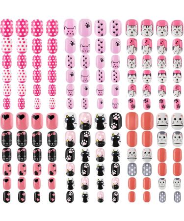 GETUOPT 140 Pieces Children Nails Kids False Nails Girls Cartoon Press on Fake Nails Colorful Pre-Glue Full Cover Nails Cute Short Acrylic Artificial Nail Tips Kits for Kids (Cat)