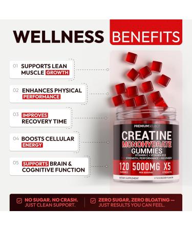 Premium Select Nutrition Creatine Gummies 5000mg for Strength & Muscle Tasty Gains in Every 5g Chew ugar Free for Men & Women Monohydrate Pre-Workout & Recovery Supplement 120 Gummies - Strawberry - Buy Online on GoSupps.com
