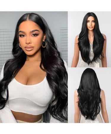 Black Wigs For Black Women Long Body Wave Middle Part Wig With Lace In Forehead Wig Glueless Natural Hairline Synthetic Heat Resistant Wig Middle Part Black 26 Inch