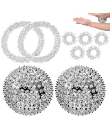 Roinaaid Igelball 1 pair of hedgehog ball metal Skills Borderline 5 acupressure ring & 5 acupressure bracelet magnetic acupressure balls for finger for stress relief or massage silver