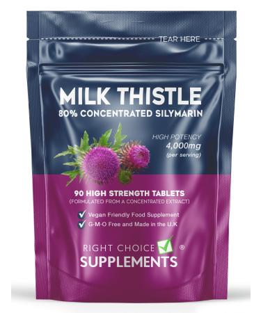Milk Thistle Tablets - High Strength 4000mg (per Serving - 2 Tablets) Supplement 90 Tablets - 80% Silymarin - Liver & Gallbladder Support - Not Capsules or Tincture - Vegan - UK Made