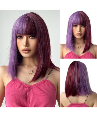 OUFEI half-purple half-wine red Bob Wig With Bangs Short Straight Wig For Women Synthetic Hair Wigs for Daily Party Cosplay Wear
