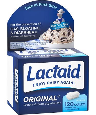 Lactaid Original Strength Lactose Intolerance Relief Caplets 120 ct - Natural Lactase Enzyme Dietary Supplement for Gas, Bloating & Diarrhea Prevention - Buy Online on GoSupps.com