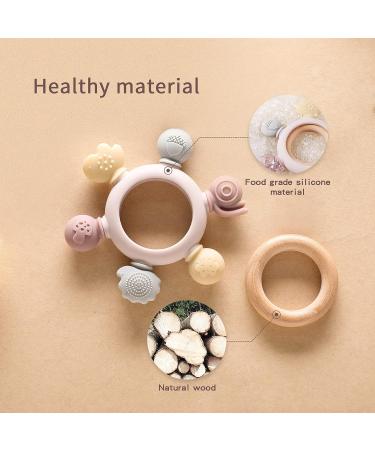 Bopoobo Silicone Rudder Teether Toy with Wooden Ring for Babies | Soothing Teething Toy for 3-12 Months | Montessori Baby Chew Toy (Pink) - Buy Online on GoSupps.com