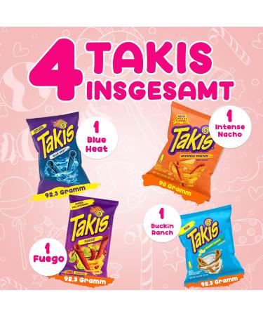 WASHYS Takis Chips 4-Pack Large Sample Boxes: Takis Blue Heat (92.3g) Takis Fuego (100g) Takis Intense Nacho (92g) Takis Dragon Sweet Chili (92g) perfect for trying and gifting - Buy Online on GoSupps.com