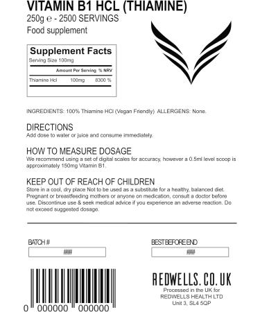 Vitamin B1 Powder Thiamine HCl | REDWELLS | Vegan No Chemical Additives - 250g for Optimal Health - Buy Online on GoSupps.com