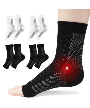 ACWOO Plantar Fasciitis Socks 4 Pairs Neuropathy Socks Ankle Compression Socks for Women Men Breathable Anti-Slip Ankle Support Brace Wide Calf Compression Socks for Pain Relief Flying Running L/XL Black+white