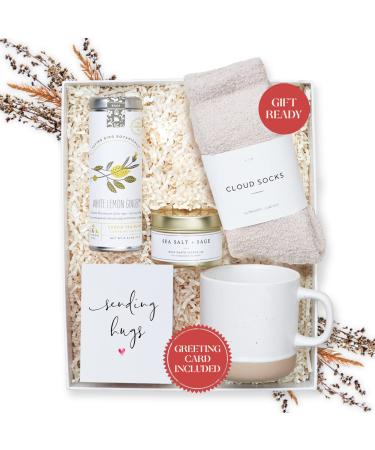 UnboxMe Tea Gift Box with Self Care Gifts for Women, Get Well Soon Care Package with White Lemon Ginger Tea, Fuzzy Socks, Ceramic Mug, Sea Salt + Sage Candle, Sending Hugs Greeting Card, 1 Tea Set "Sending Hugs" Greeting Card