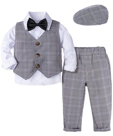 mintgreen Baby Boys Blazers Suit 5pcs Wedding Clothes Shirt + Trousers + Waistcoat + Bowtie + Cap Outfits 1-4 Years Grey Plaid 18-24 Months