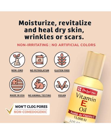 De La Cruz Vitamin E Oil Vitamin E Oil with Safflower for Skin Hair Face and Body 2.2 FL. OZ. (4 Bottles) - Buy Online on GoSupps.com