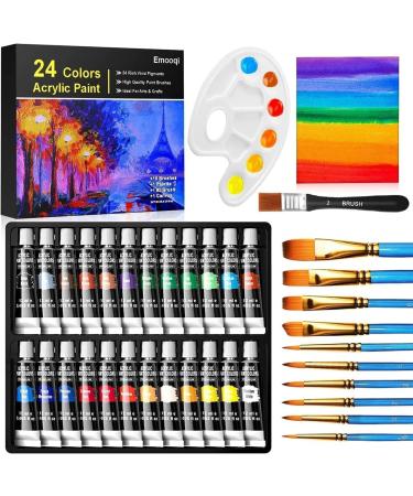 Emooqi Acrylic Paint Set  24 Rich Paint Colors  with 11 Art Brushes  Paint Palette & Painting Canvas - Quick Dry Paints for Hobby Painters & Kids  Great for Canvas Wood Rock Ceramic Painting.